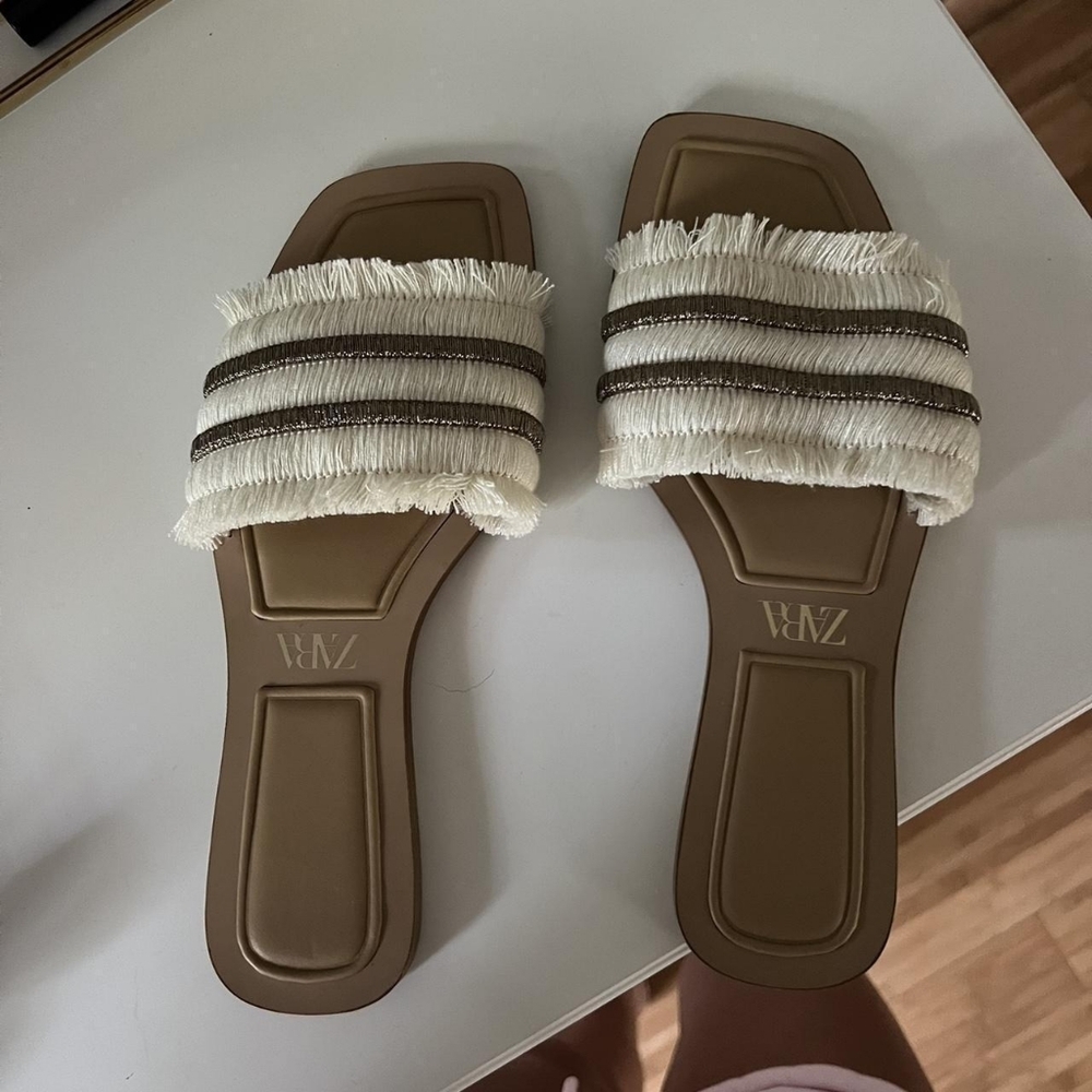 Zara Cream and Brown Fringed Slide Sandals